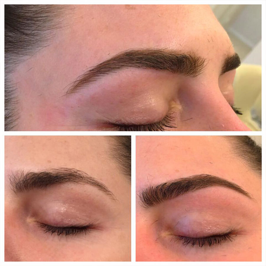 A woman with brown eyes and brows has just had her eyebrows done.
