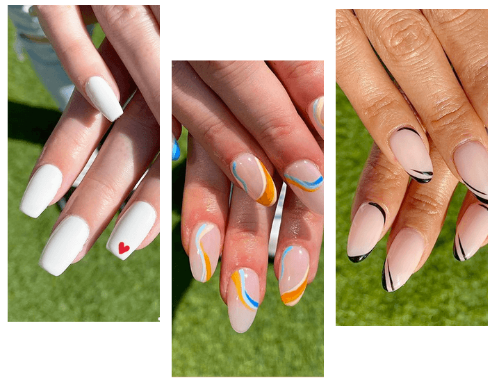 A series of three different nail designs on nails.